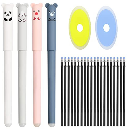 Xzeemo Löschbarer Gelstift, Süße Cartoon Gelstifte, 0,35 mm Radierbar Stifte Set, 4 Gelschreiber Llöschbar mit 20 Nachfüllungen und 2 Radiergummi, für Kinder, Studenten, Schreibwaren, Büro (Schwarz)