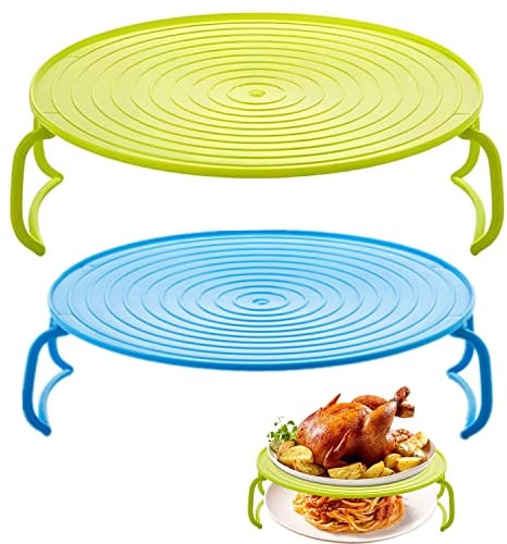 2 Pieces Microwave Folding Tray Multipurpose Oven Plate with Handle Steaming Shelf Baking Rack Anti-Slip Heating Layered Cooking Organiser for Hot Food, Plates, and Dishes (Blue&Green)