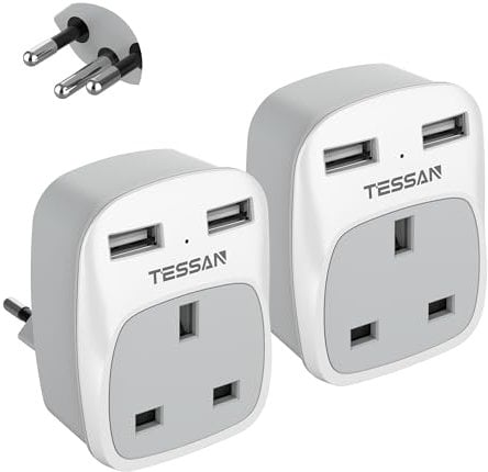 UK to Swiss Plug Adapter 2 Pack, TESSAN UK to Switzerland Plug with 2 USB, Grounded Type J Swiss Adapter, Travel Adaptor for Jordan, Liechtenstein, Madagascar, Rwanda