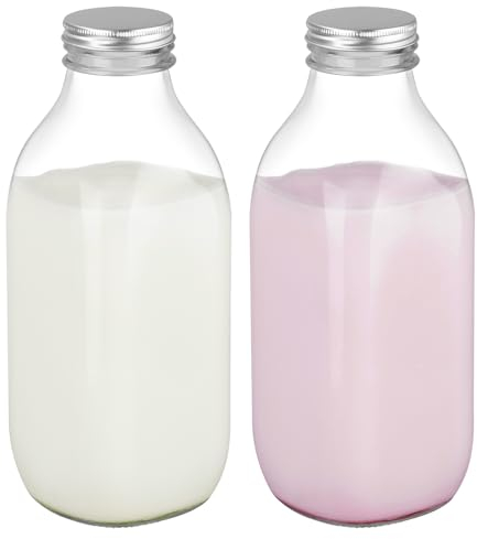 Worephu 32oz(1000ml) Glass Milk Bottle, Reusable Drinking Jars Containers with Lids, No Leakage Glass Bottles for Milk, Juice,Yogurt, Jam, Syrup - Pack of 2