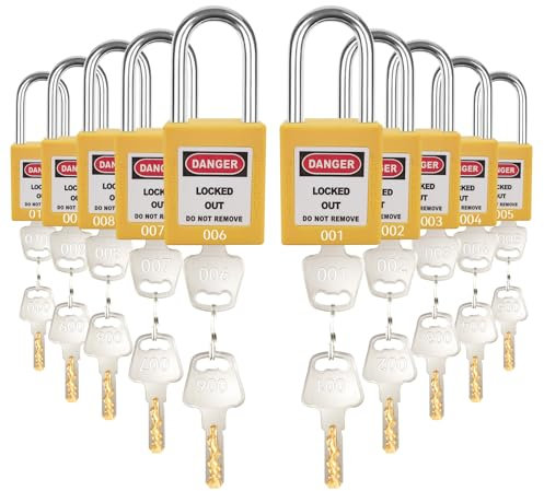 BULANGDI Juego de 10 cerraduras amarillas de loto, cerraduras de bloqueo con llave diferente, 2 llaves por cerradura, candados de bloqueo compatibles con OSHA, candados de seguridad para bloqueo