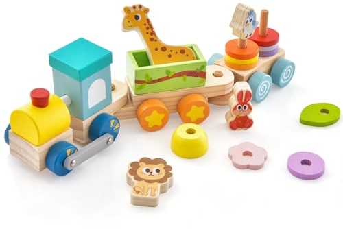 GOPLUS Kinder Holzeisenbahn Set, Kombinierbare Spielzeugeisenbahn mit Lokomotive, Tieren & stapelbaren Holzklötzen, Motorikspielzeug aus Massivholz für Jungen & Mädchen ab 3 Jahren (Modell 1)