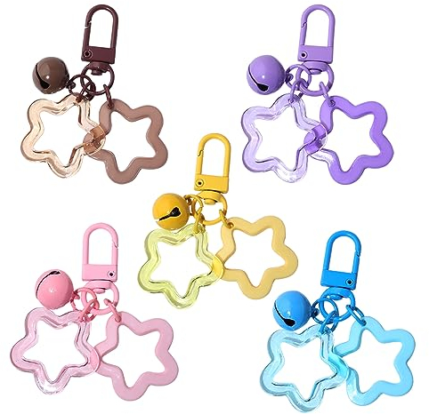 5 Stück Stern Schlüsselanhänger,Süßigkeiten Farbe Acryl Pentagramm Schlüsselband Cute Sterne Glocke Schlüsselringe Fünfzackiger Sterne Charms Anhänger Keychain für Frauen Männer Schlüsselanhänger Auto