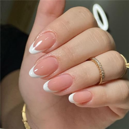 24 Pcs French False Nails - Press on Nails - Almond Elegant French Style Full Cover False Nails - White Stick on Nails - French Fake Nails Stick on Nails for Women and Girls Nail Art
