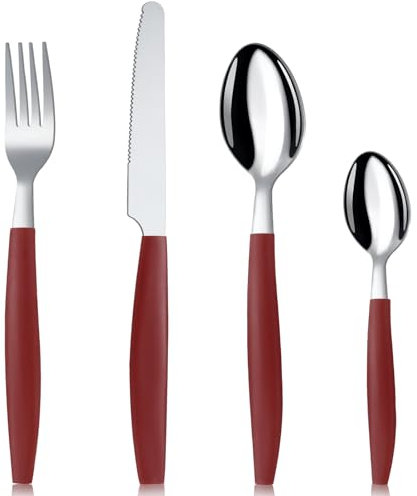 Hunnycook Stainless Steel red Cutlery Set 16 Pieces,PP Plastic Handles for Comfortable Grip -4 Knives, 4 Forks, 4 Spoons, 4 Teaspoons, Dishwasher Safe Cutlery Set for 4