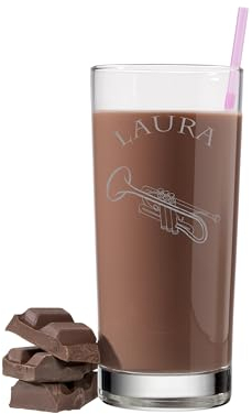 Graviertes Glas mit Trompete und Namen - einzigartige Geschenkidee für Musiker - kratz- und spülmaschinenfeste Gravur - Fassungsvermögen: 480 ml, mit Eichung bei 0,4 l