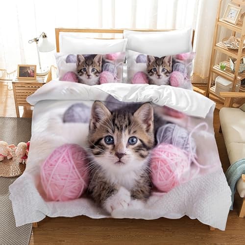 CXYXHW Katze Bettwäsche Set 135x200cm,3D Katzenmotiv Mikrofaser Bettbezug,Haustier Katze Bettwäsche-Sets 3teilig mit Reißverschluss,tierbedruckte Betten Set für Mädchen Jungen Kinder (E, 135x200cm)