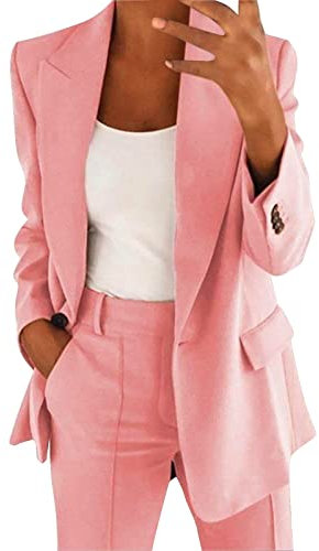 Sakko Blazer élégant et long pour femme - Coupe sportive - Veste d'été légère et élégante - Grande taille - Longue blazer - Veste de transition - Veste de costume d'affaires, Rose, S