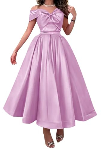 WSEYU Vestido de fiesta de satén con hombros descubiertos y bolsillos, lazo hasta el té, corsé para invitada de boda, formal, cóctel, regreso a casa, Lila, 36