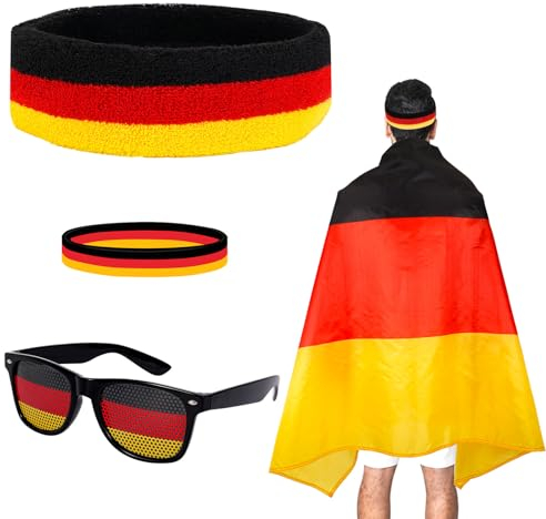 Deutschland Fahne Umhängen Kostüm Set, Deutschland Haarreifen Haarreif Armband Spassbrille Deutschland Brille für Männer Frauen Halloween Karneval Cosplay WM Zelebrieren