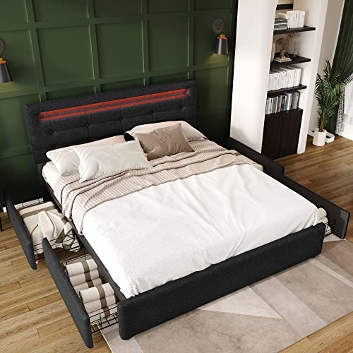 Polsterbett 140x200, LED Doppelbett mit 4 Schubladen und verstellbarem Kopfteil, Bett Jugendbett Stauraumbett Funktionsbett Rückenlehne Bettgestell mit Holz Lattenrost, Leinen, Schwarz, Ohne Matratze