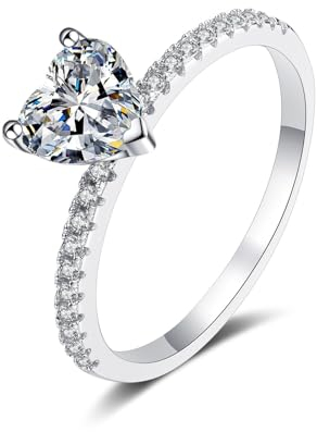 Whoiy Damenringe mit Im Labor Gezüchteter Diamant Weißgold, Frauen Verlobung Ringe Echt Gold 585 Herz 14kt Eheringe, D, VVS1-VVS2, Gr. 62 (19.7)