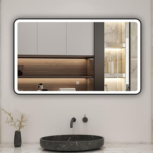 Biubiubath LED Badspiegel 120x70cm Touch/Wandschalter Beschlagfrei 3 Lichtfarbe 3000K-6000K+Dimmbar Badezimmerspiegel mit Schwarz Rahmen Wandspiegel IP44