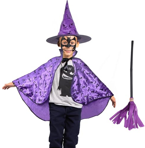 JINGTOPS Mantello Strega Bambini, Mantello Halloween Mago con Scopa e Cappello da Strega Bambino Costume Halloween Vestito per Ragazzi Ragazze Costume da Festa Cosplay Carnevale Mascherata