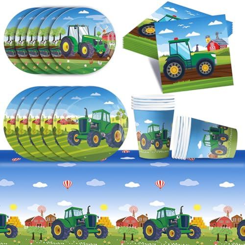 Capaneus Tractor Party Tableware for 10 Guests, Children's Birthday Occasion, Tractor Plates, Napkins, Cups, Tablecloths, Farmer Theme