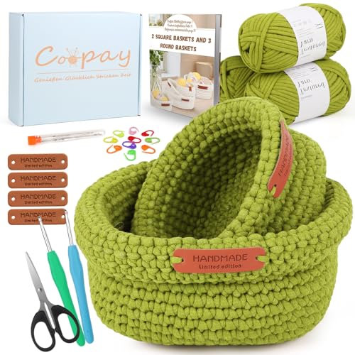 Coopay Häkelset für Anfänger - 2 Größen Square Körbe Mit Anleitung, DIY Set Mit Nadel, Wolle, Zum Häkeln Lernen - Avocado Grün