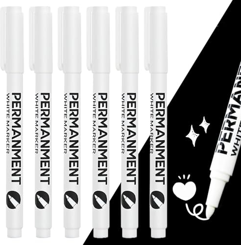 QILUCKY 6Pcs White Permanent Marker Pens, 2mm Quick Dry Fine Tip for DIY | White Paint Markers with Fine Tip, Waterproof Quick Dry Ink, Smooth Writing on Fabric, Glass, Wood, Metal, Ceramic