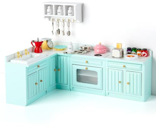Minamzee 1:12 Puppenhaus Küchenmöbelset, 30 Stück Hölzerne Miniatur Seitenschrank, Wandschrank, Küchengeschirr, Esszubehör für Puppenhausmöbel Zubehör Küche