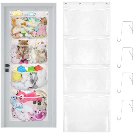 WhizNook Kuscheltier Aufbewahrung Tür, Hängeorganizer mit 4 Taschen, Aufbewahrung Kuscheltiere, Kuscheltier Organizer, Kuscheltier über der Tür Hängend Organizer, für Kinderzimmer, Schlafzimmer