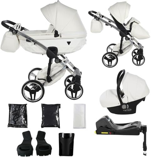 Junama Kinderwagen Diamond Fluo Individual 2in1 3in1 4in1 (15 - Weiß und Silber, 4in1 mit ISOFIX Basis)