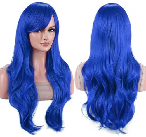 IMISSU 28 Inch/70cm Long Hair Water Wavy Wigs with Bangs Cosplay Costume Wig (Navy Blue)