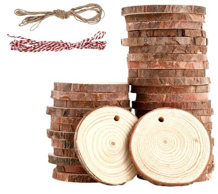 40 Stück Holzscheiben 5-6 cm,Rund Holzscheiben zum Basteln mit zwei Baumwollschnüren,Holzscheibe aus Holz mit Löchern,Baumscheiben Unvollendete,für Heimwerken,Basteln,Hochzeiten,Feiertagsdekorationen