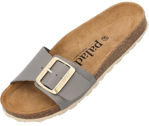 Palado Pantoletten Damen Malta EGS Matt Premium Leather - elegante Sandalen Made in Spain - bequeme Hausschuhe mit Kork-Fußbett - modische Sommerschuhe Grau UK9,5 - EU43