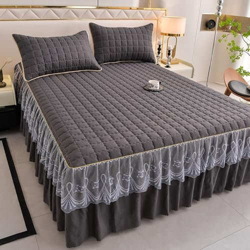 ANAZOZ Bettlaken Ohne Gummizug 200x220, Spannbettlaken Polybaumwolle Dunkelgrau mit Bestickter Spitze, Spannbetttuch Waschbar