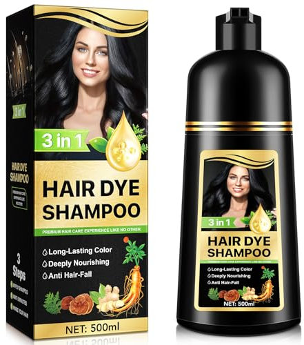 Shampooing Colorant pour Cheveux Noirs 3 en 1 - Coloration Naturelle à Base de Plantes pour Couverture des Cheveux gris, Des Résultats Durables, Nourrissants pour les Femmes et les Hommes, 500ml