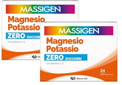 Massigen - Magnesio e Potassio Zero Zuccheri, Due Confezioni da 24 Bustine da 4 g, Gusto Arancia Rossa, Integratore a Ridotto Contenuto Calorico con Sali Minerali e Vitamine