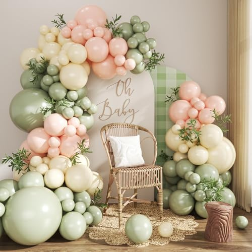Kit d'arche de ballons roses et verts - 124 ballons vert sauge, pêche, ivoire, blanc, différentes tailles pour fête prénatale, mariage, fête prénuptiale, anniversaire, révélation du sexe du sexe