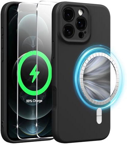 Xiltlly Coque Magnétique Silicone pour iPhone 12 Pro Max 6,7 Pouces avec 2 Verre Trempé, Compatible avec MagSafe Aimants Intégrés, Étui Housse Antichoc Anti-Rayures Case pour iPhone 12 Pro Max, Noir