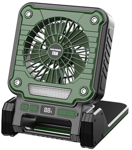 Koolenry Solar 20000mAh Electric Fan with Led Lights for Tents,Car Camping Hooks and Usb&Solar Charging for Hiking,Fishing Green