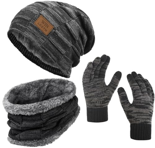 LCZTN FASHION Mens Winter Beanie Hat Scarf Touchscreen Gloves Set Warm Fleece Lined Knit Ski Hats Slouchy Skull Cap for Unisex