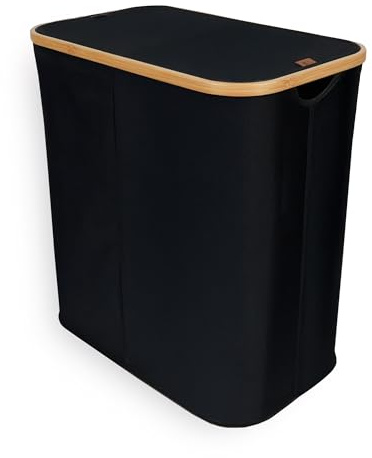 Valle Verde 120L Aufbewahrungsbox XXL mit Deckel und Bambusrahmen, Aufbewahrungskorb, Wäschekorb mit 2 Fächern, Wäschesammler - Faltbar & platzsparend - Schwarz, 54 × 33 × 68 cm
