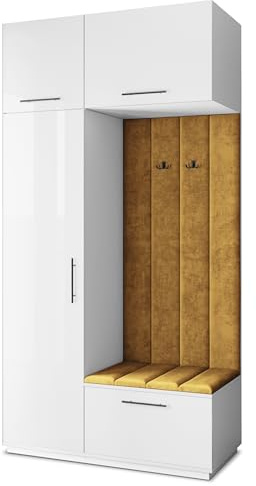 Masseno Flugarderoben Set Rema, Kleiderschrank-Set mit Sitzbank, Garderobenschrank Flur mit 5 Regalböden, Weiß