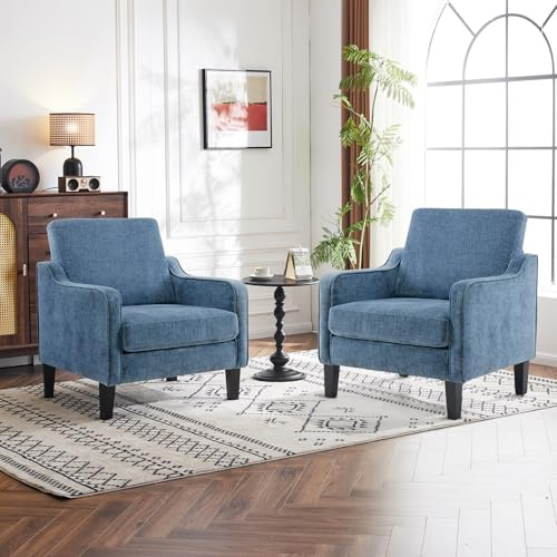 Bonnlo Sessel 2er Set, Loungesessel aus Chenille, Polstersessel mit Armlehnen und Holzbeinen, Ohrensessel für Wohnzimmer,Schlafzimmer,Relaxsessel Fernsehsessel 76 x 78 x 84 cm,Komfort (2, blau)