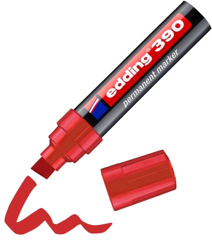 edding 390 Permanentmarker - rot - 1 Stift - dicke Keilspitze 4-12 mm - wasserfest, schnell-trocknend - Multimarker, Universalstift - für Karton, Kunststoff, Holz, Metall, Glas, Stein, Leinwand
