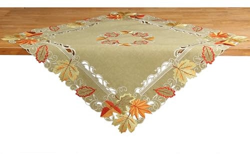 Herbst Blätter Tischdecke Mitteldecke Tischläufer Kissenhülle Leinen-Optik Grün Beige - Größe wählbar (ca. 85 x 85 cm)