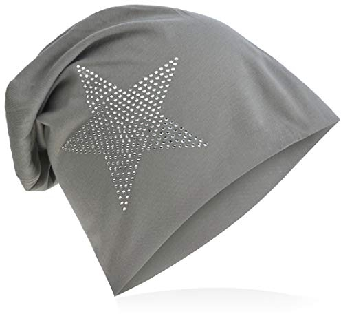 Jersey Slouch Beanie Long Mütze Stern mit Strass Applikation Unisex Unifarbe Herren Damen Trend, Grau, Einheitsgröße