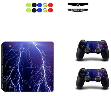 Skin for PS4 Slim, Chickw1 Vinyle Protective Autocollant Decal Sticker pour Playstation 4 Slim Console + 2 Dualshock Manette Set + 10pc Thumb Grips + 2pc Light Bar au Hasard (Foudre Bleu)