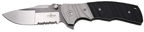 THIRD Navaja K1921BKS, Virola de Acero y Mango G10 Negro, Hoja de Acero 8Cr14MoV de 9.6 cm con Sierra, Acabado Two Tone en máquina CNC, Piedra Limpia Oscura y Clara