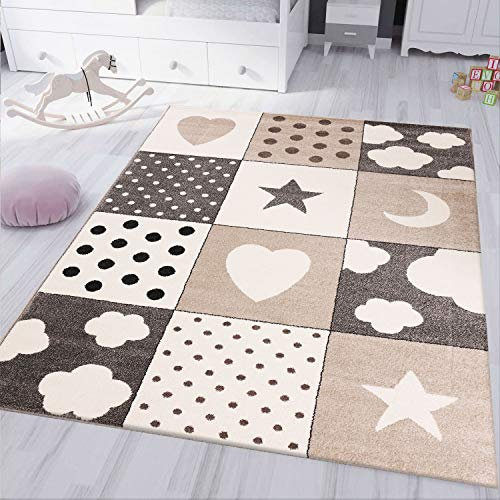 VIMODA Kinderteppich kinderzimmer Teppich Babyteppich mit Herz Stern Wolke Flauschig Beige, Maße:80x150 cm