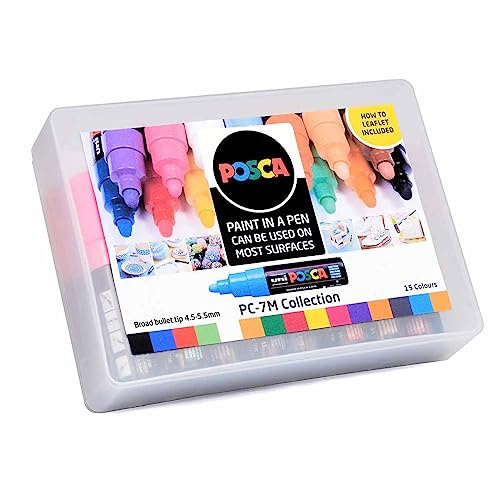 POSCA PC-7M Acrylic Paint Marker Pens, Standard Colours, (15-Pack) | Broad 4.5–5.5 mm Tip, For All Surfaces, Water-Based, Non-Toxic, Biodegradable Packaging