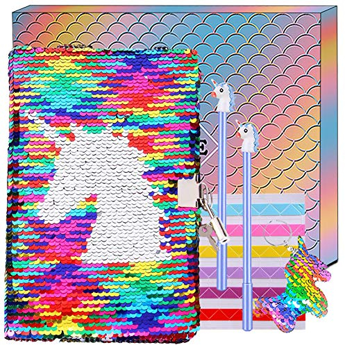Einhorn Notizbuch Gelstift Set,Meerjungfrau Reversible Pailletten Tagebuch und Einhorn Stifte,A5 Reise Tagebuch Geheimes DIY Notizblock,Kinder Mädchen Festival Geburtstag Geschenk