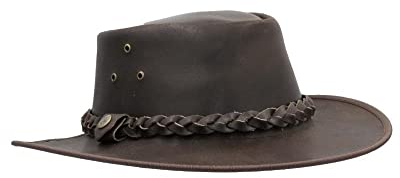WALKER AND HAWKES - Premium Brown Full Grain Cowhide Leather Outback Braided Traveller Hat for Men and Women - Dark Brown - Large (59cm)
