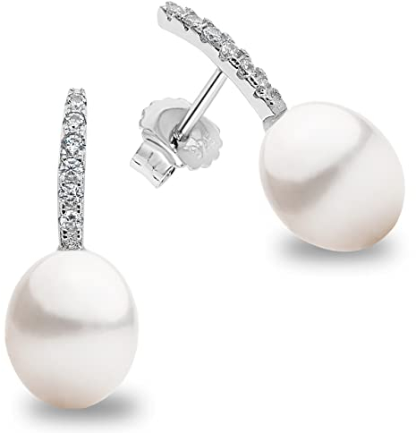 Damen Perlen-Ohrringe Süßwasser Zuchtperlen Mit Zirkonia Weiß Tropfenperle 8-9 mm SECRET & YOU - Perlenohrringe Sterling Silber 925