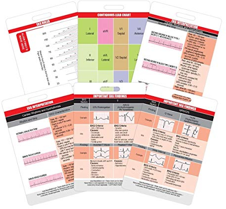 EKG Vertical Badge 6 Karten-Set, EKG-Telemetrie-Karten mit EKG-Lineal, Elektrokardiogramm-Rhythmus-Interpretationen, Stammleitungen, 12 Blei-EKG-Platzierung Referenz (Bonus Spickzettel)