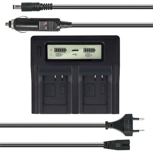 Dual Akku-Ladegerät kompatibel mit Fuji NP-50, NP-50A - mit USB-Anschluss, LCD-Display und Kfz-Ladekabel - Schnellladegerät