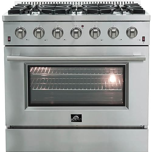 FORNO Galiano Full Gas 36 Inch. Freestanding Range with 6 Sealed Burners Cooktop - 5.36 Cu. Ft. Convection Oven Capacity - Stainless Steel Heavy Duty Cast Iron Grates.